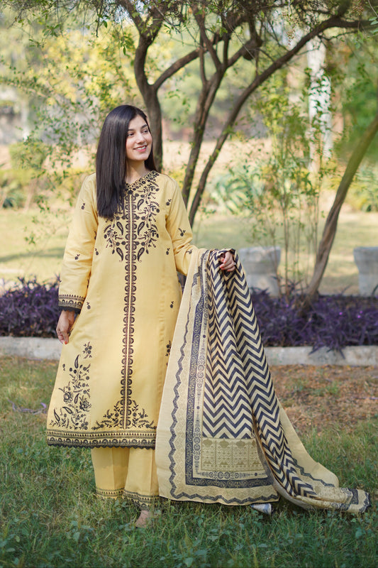 Opulent Light Yellow Khaddar 3-Piece Embroidered Suit | ZM-40