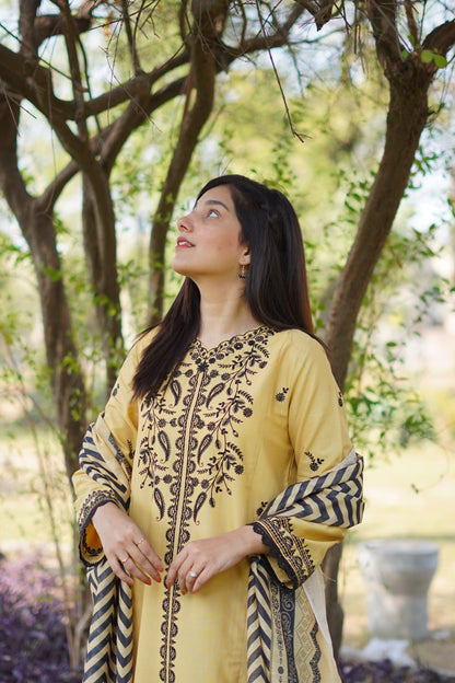 Opulent Light Yellow Khaddar 3-Piece Embroidered Suit | ZM-40