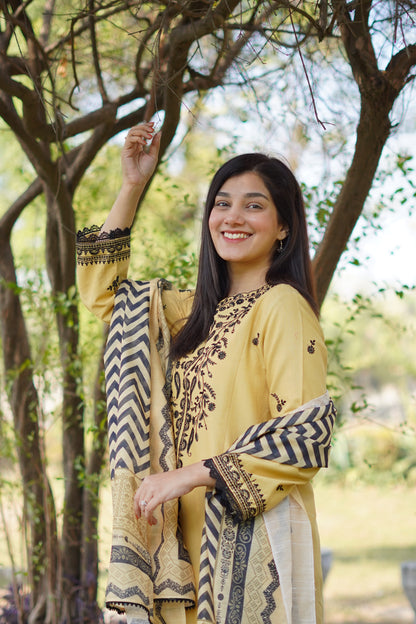 Opulent Light Yellow Khaddar 3-Piece Embroidered Suit | ZM-40