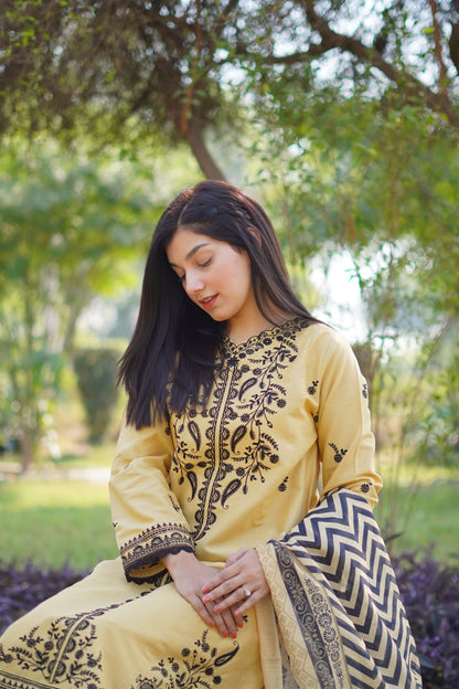 Opulent Light Yellow Khaddar 3-Piece Embroidered Suit | ZM-40