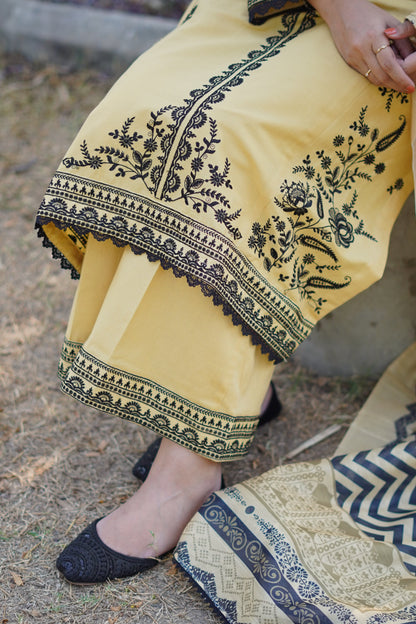 Opulent Light Yellow Khaddar 3-Piece Embroidered Suit | ZM-40