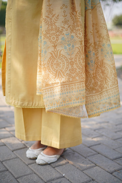 Prestige Light Yellow Khaddar 3-Piece Embroidered Suit | ZM-41