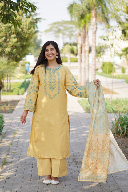 Prestige Light Yellow Khaddar 3-Piece Embroidered Suit | ZM-41