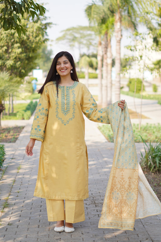 Prestige Light Yellow Khaddar 3-Piece Embroidered Suit | ZM-41