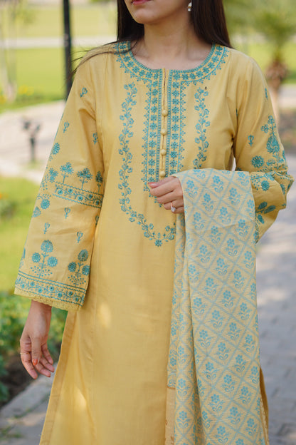 Prestige Light Yellow Khaddar 3-Piece Embroidered Suit | ZM-41