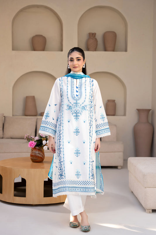 Porcelain White Luxury Lawn Embroidered 3-Piece Suit | ZM-65