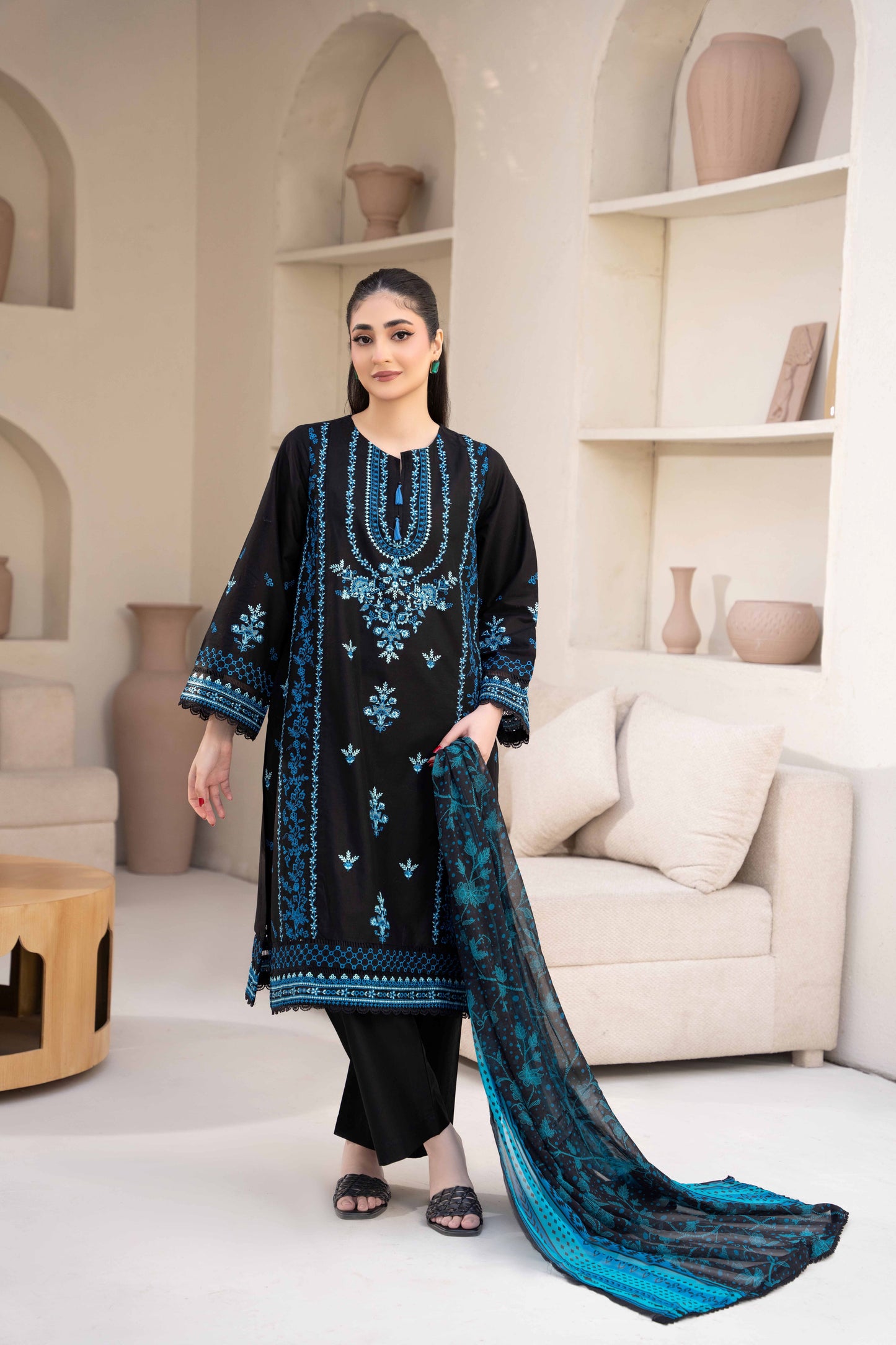 Midnight Black Luxury Lawn Embroidered 3-Piece Suit | ZM-66