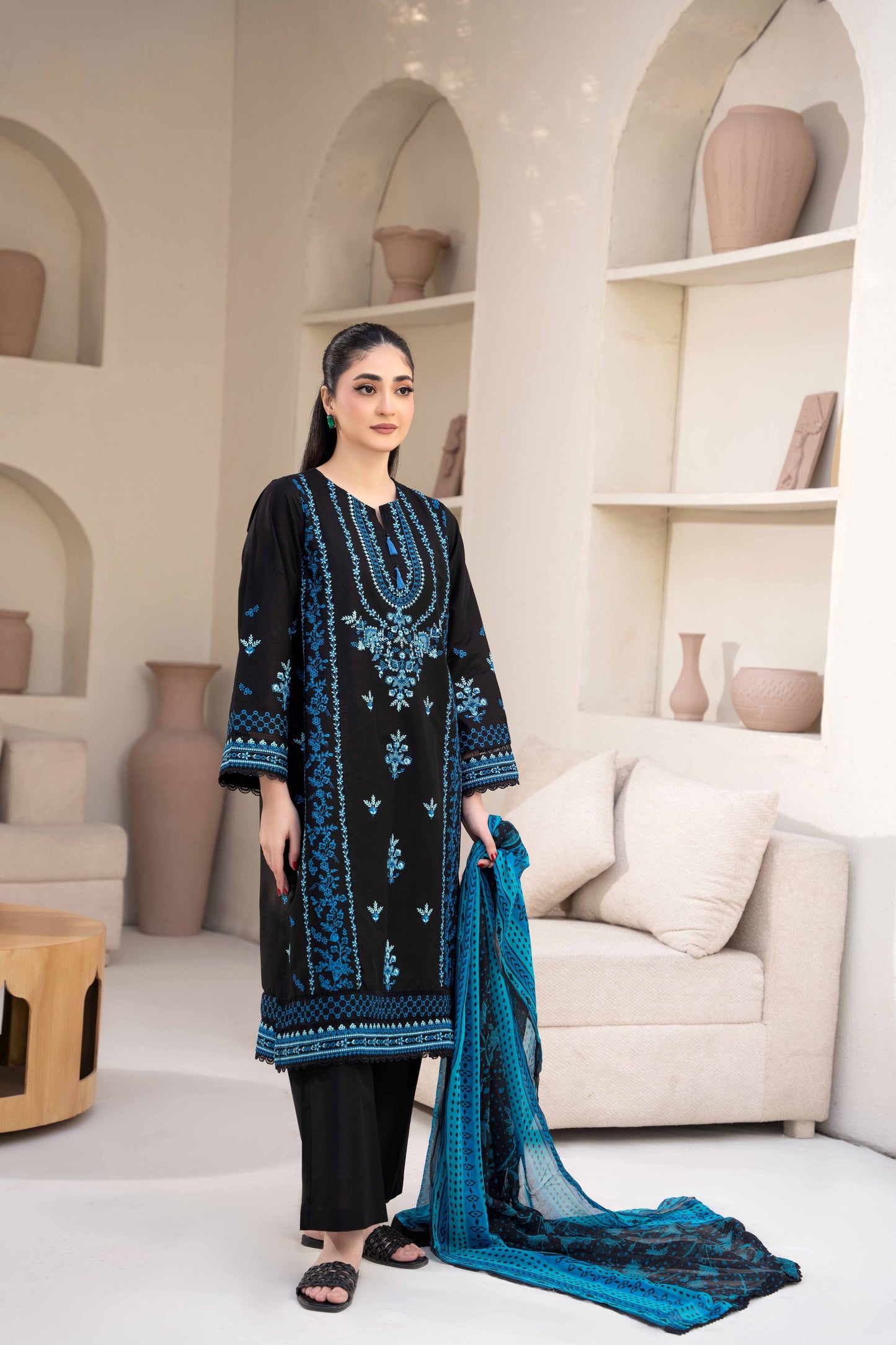 Midnight Black Luxury Lawn Embroidered 3-Piece Suit | ZM-66