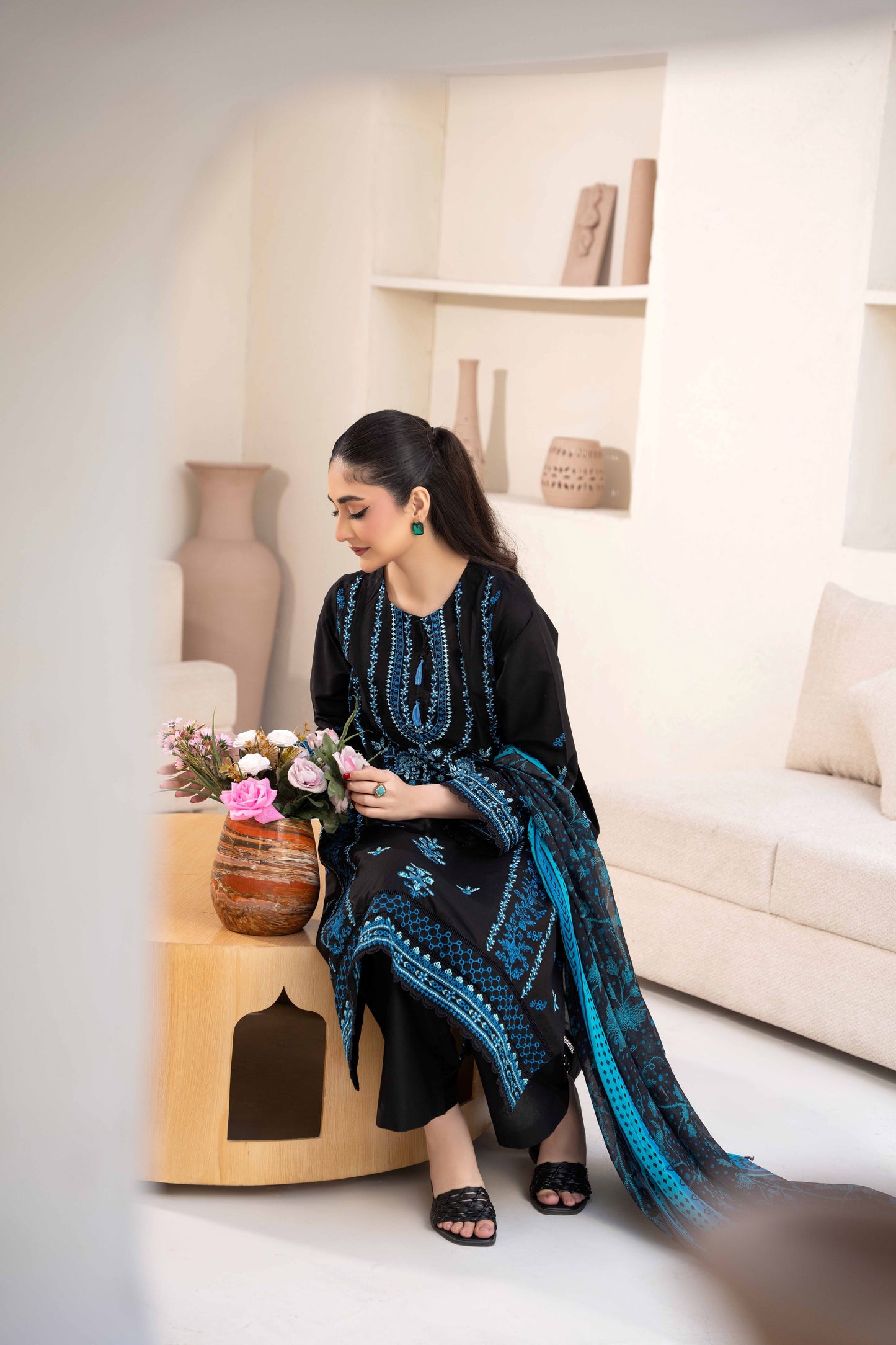 Midnight Black Luxury Lawn Embroidered 3-Piece Suit | ZM-66