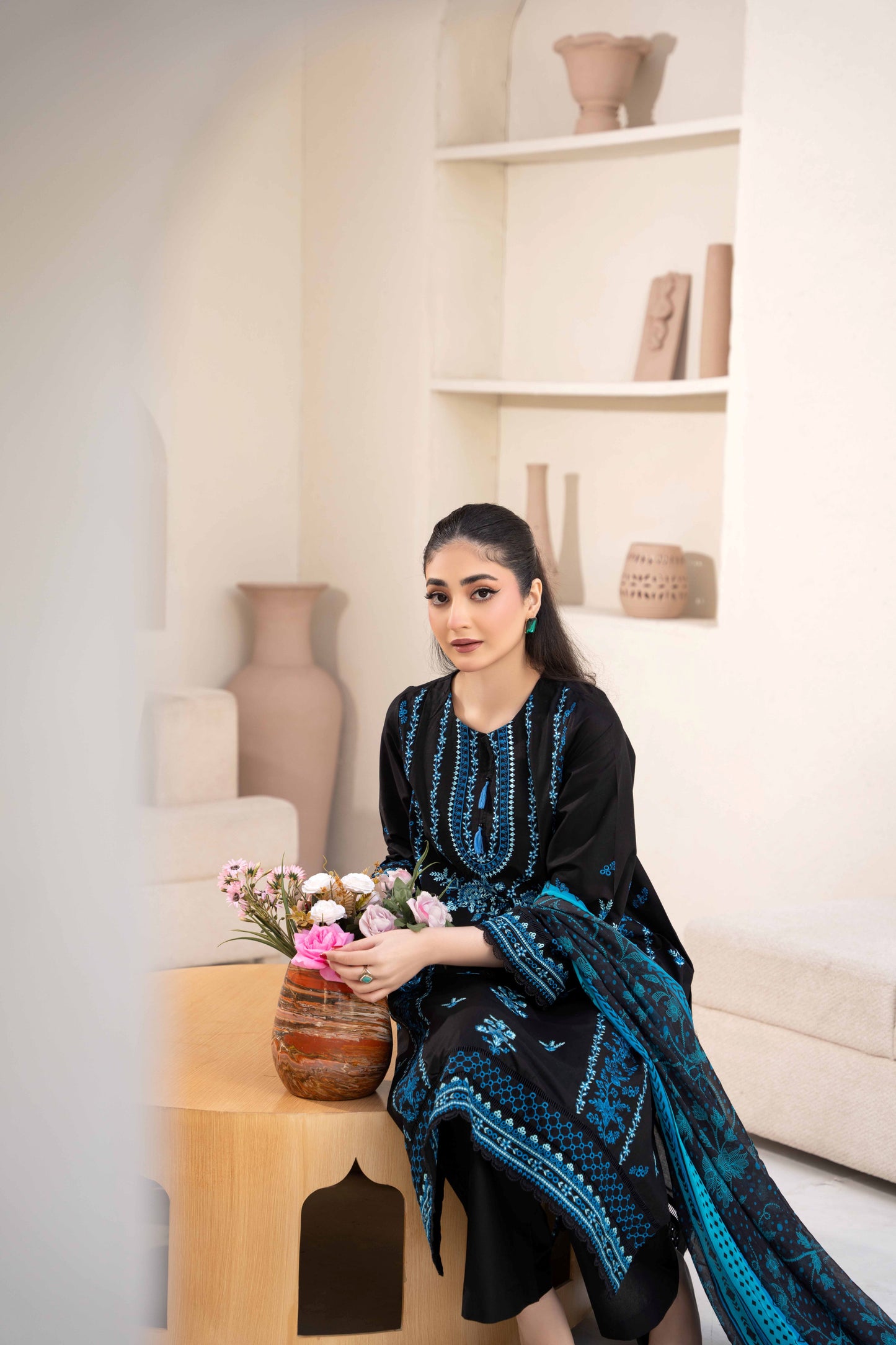 Midnight Black Luxury Lawn Embroidered 3-Piece Suit | ZM-66