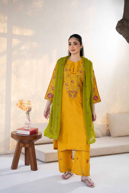 Golden Mustard Raw Silk Embroidered 3-Piece Suit | ZM-64