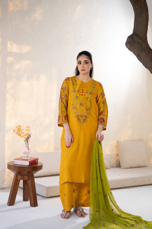 Golden Mustard Raw Silk Embroidered 3-Piece Suit | ZM-64