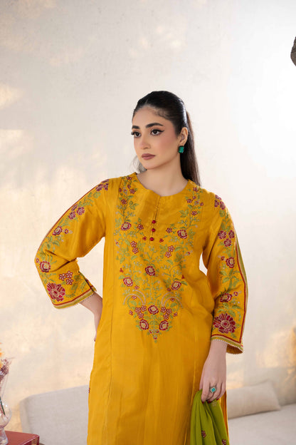 Golden Mustard Raw Silk Embroidered 3-Piece Suit | ZM-64
