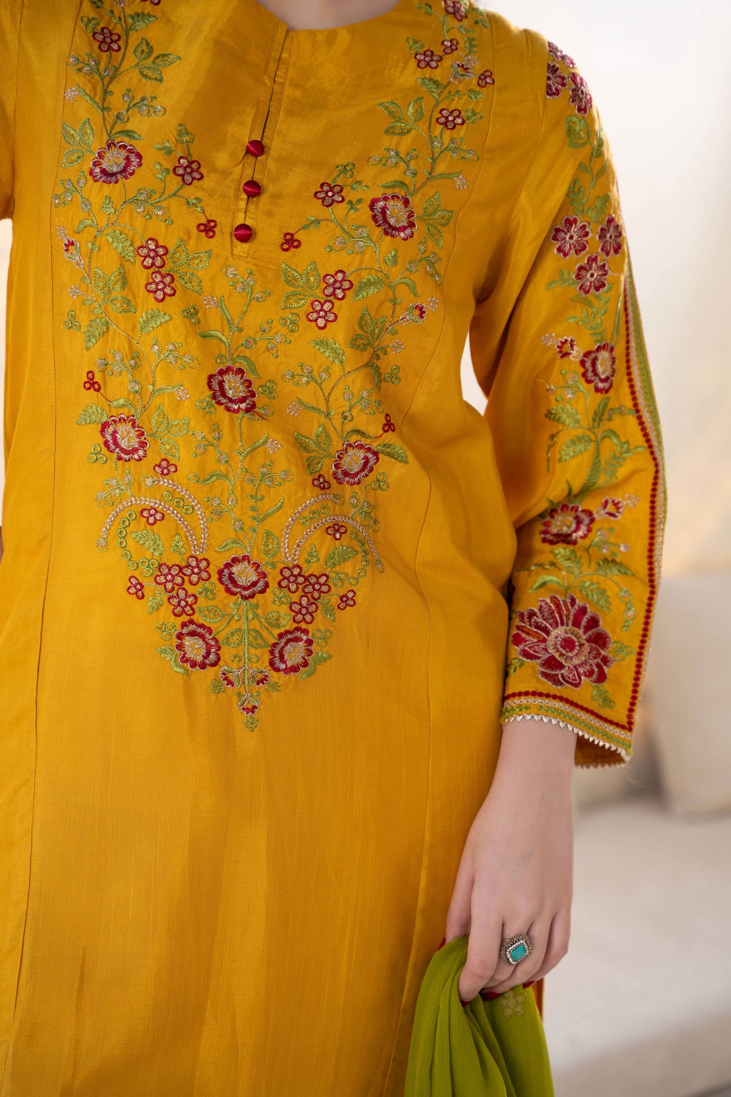 Golden Mustard Raw Silk Embroidered 3-Piece Suit | ZM-64