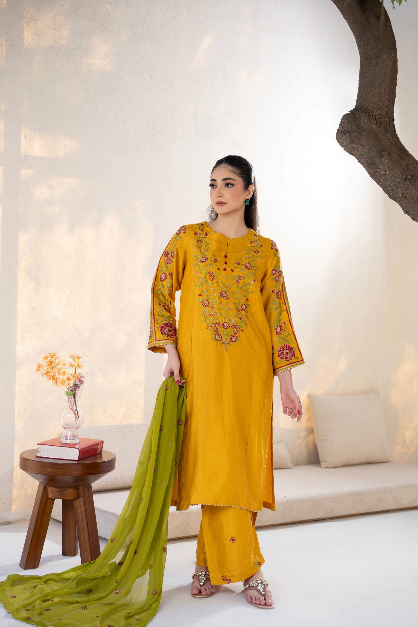 Golden Mustard Raw Silk Embroidered 3-Piece Suit | ZM-64