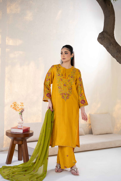 Golden Mustard Raw Silk Embroidered 3-Piece Suit | ZM-64