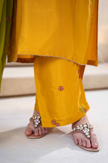 Golden Mustard Raw Silk Embroidered 3-Piece Suit | ZM-64
