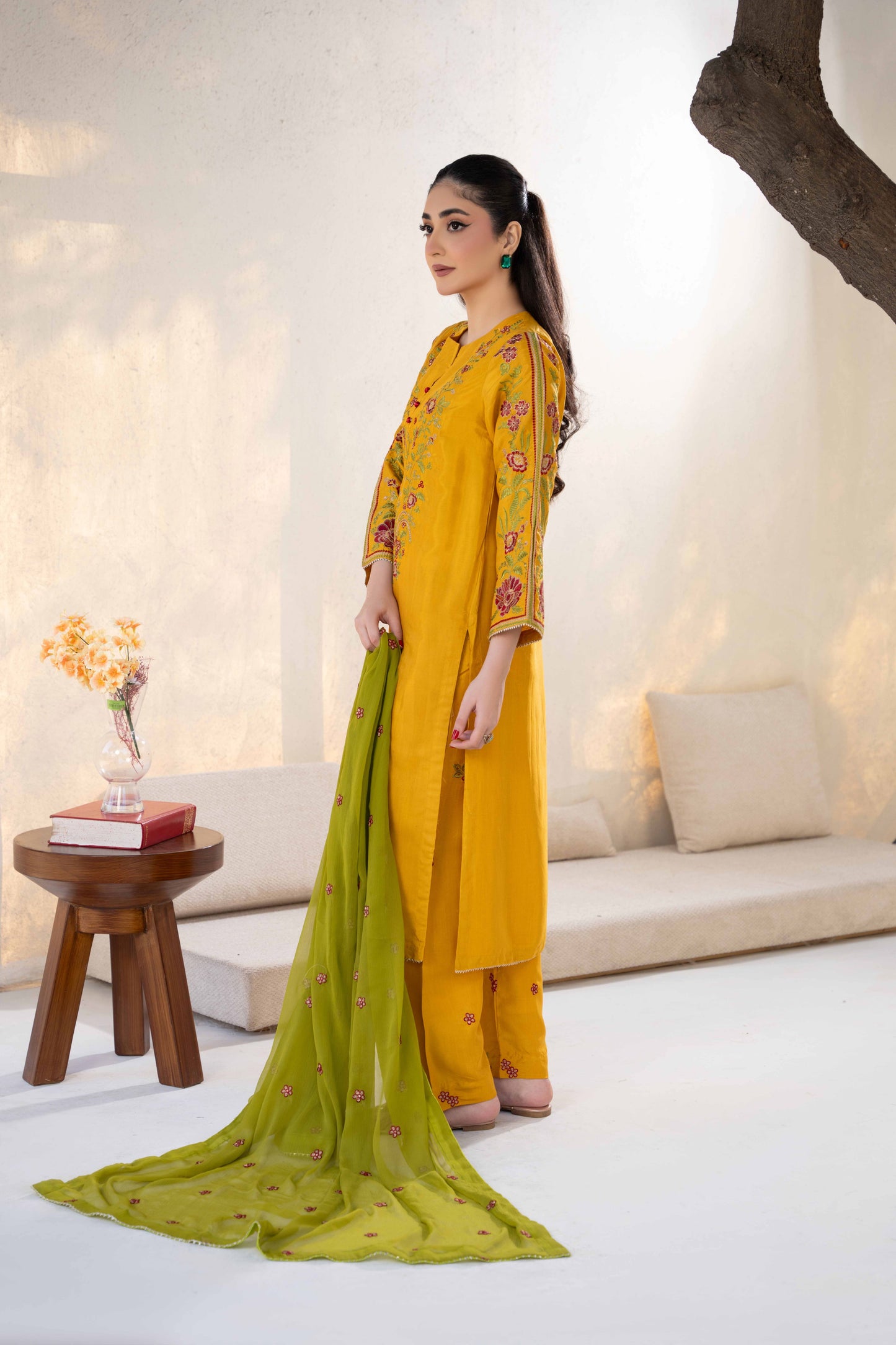 Golden Mustard Raw Silk Embroidered 3-Piece Suit | ZM-64