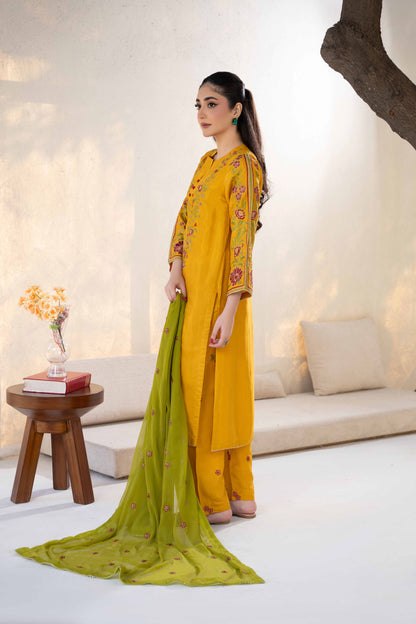 Golden Mustard Raw Silk Embroidered 3-Piece Suit | ZM-64
