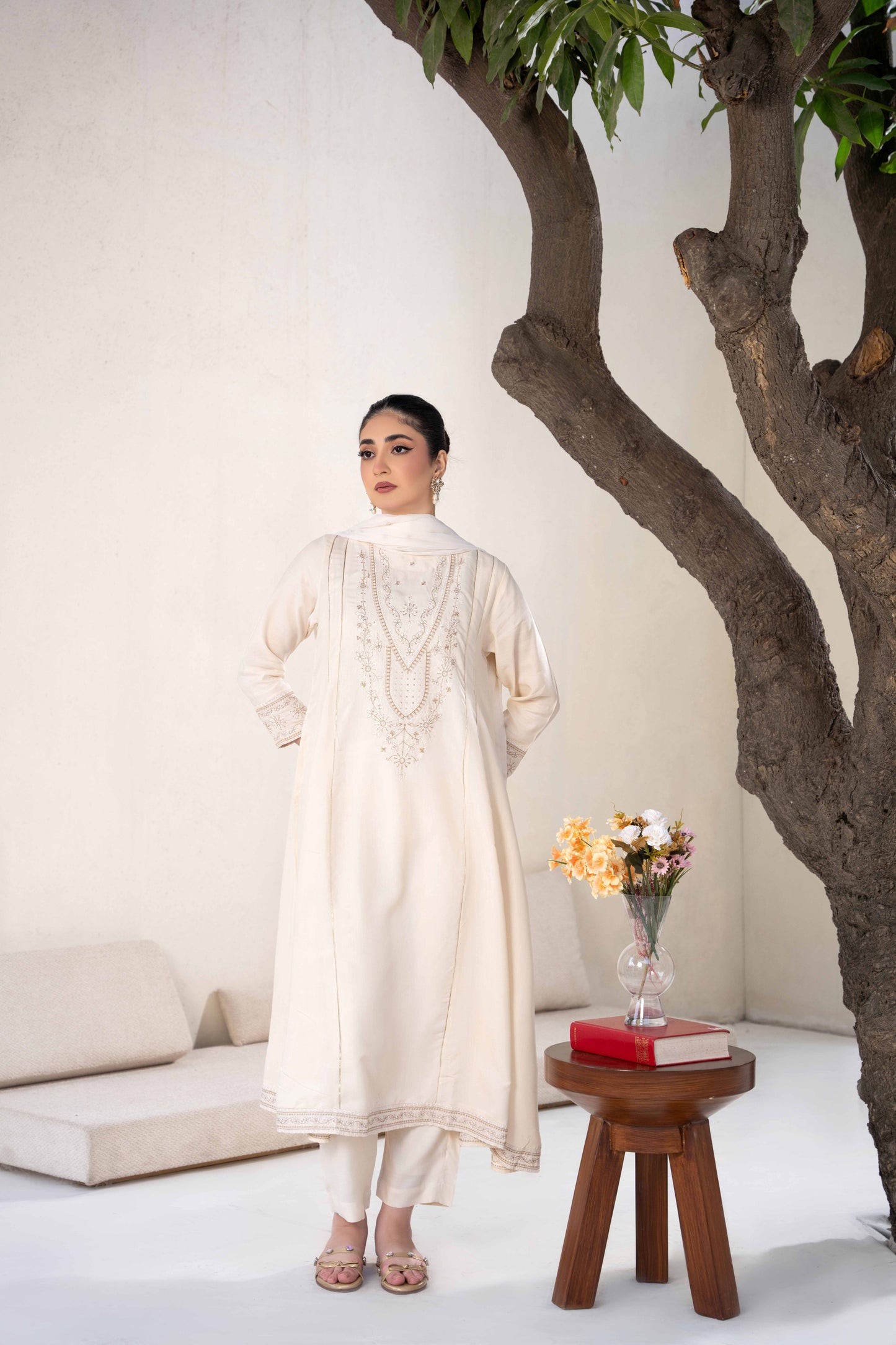 Pearl Off-White Raw Silk Embroidered 3-Piece Frock| ZM-63