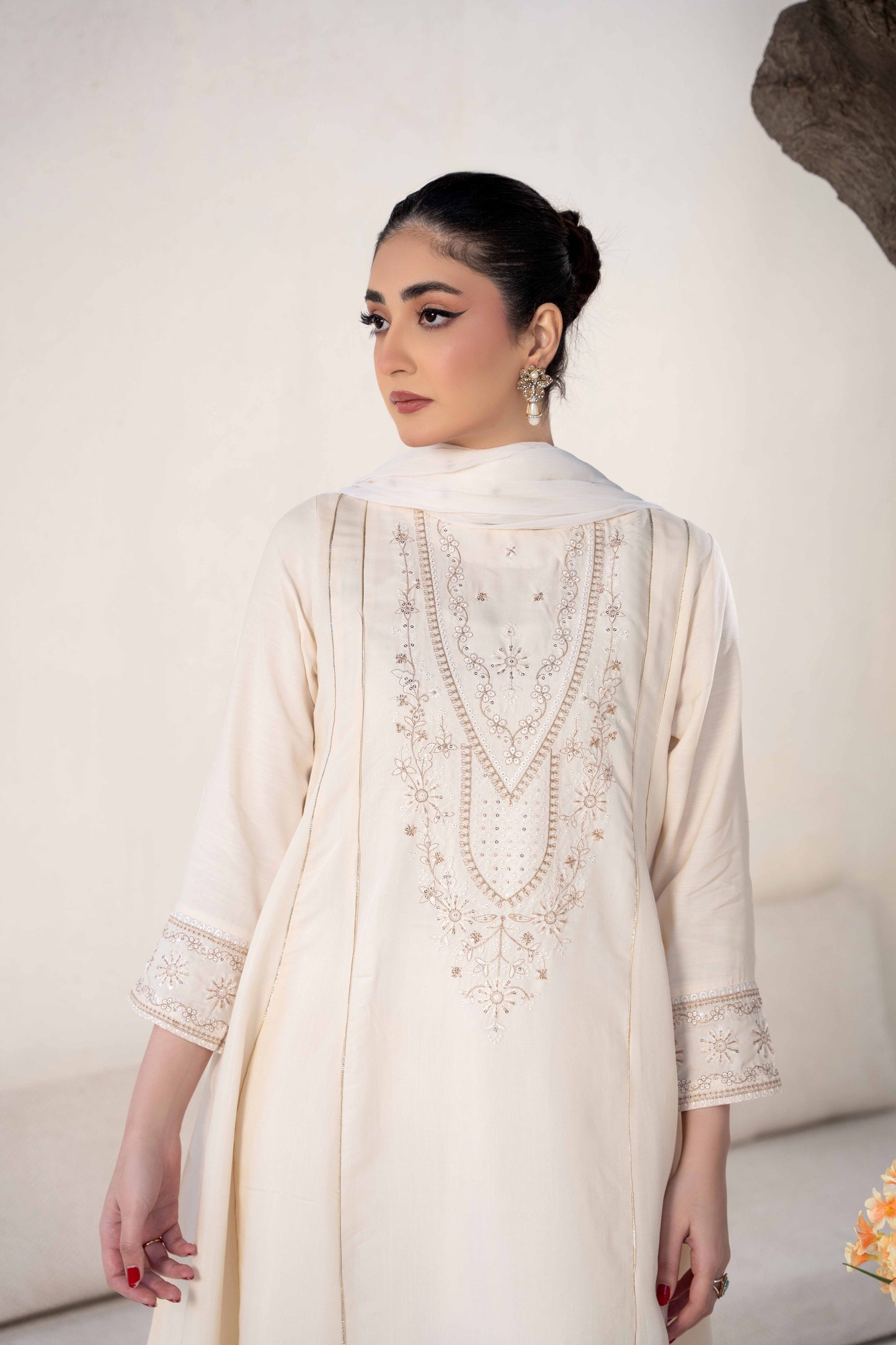 Pearl Off-White Raw Silk Embroidered 3-Piece Frock| ZM-63