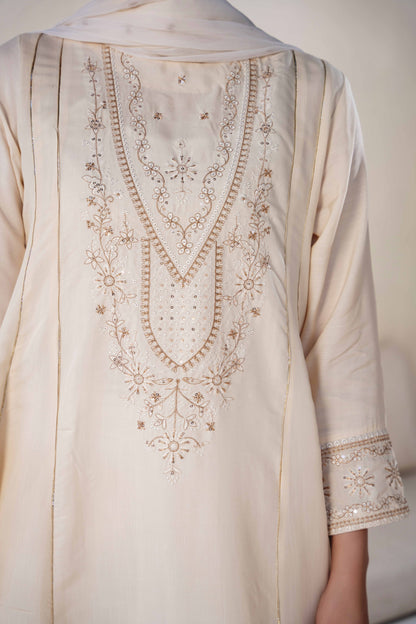 Pearl Off-White Raw Silk Embroidered 3-Piece Frock| ZM-63
