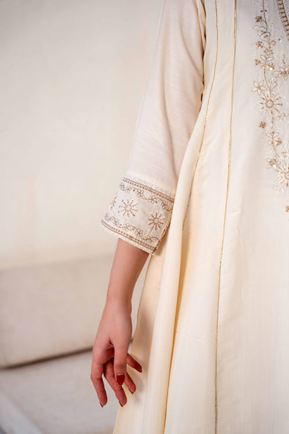 Pearl Off-White Raw Silk Embroidered 3-Piece Frock| ZM-63