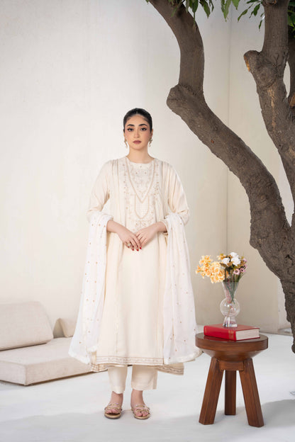 Pearl Off-White Raw Silk Embroidered 3-Piece Frock| ZM-63