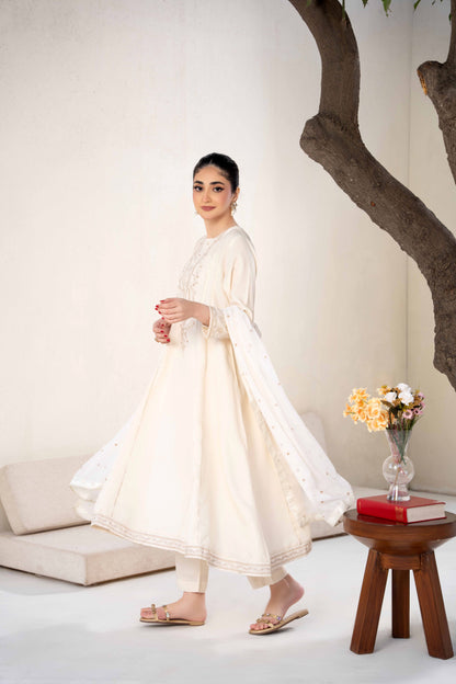 Pearl Off-White Raw Silk Embroidered 3-Piece Frock| ZM-63