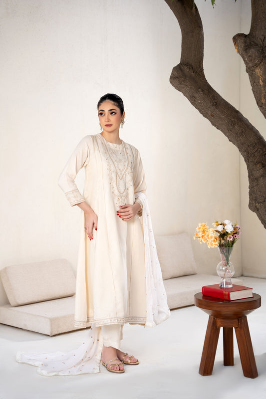 Pearl Off-White Raw Silk Embroidered 3-Piece Frock| ZM-63