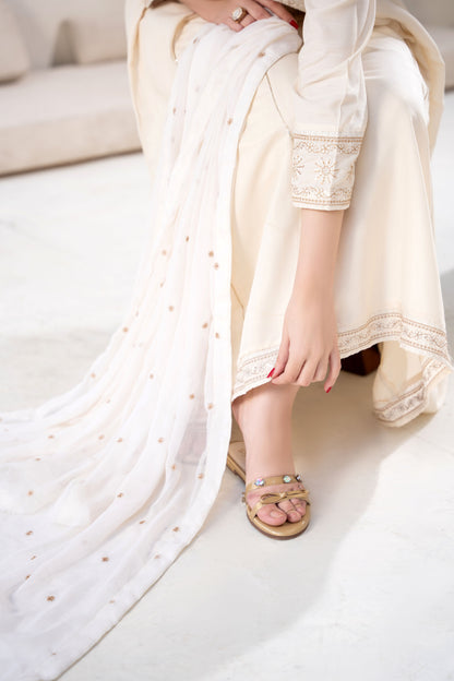 Pearl Off-White Raw Silk Embroidered 3-Piece Frock| ZM-63