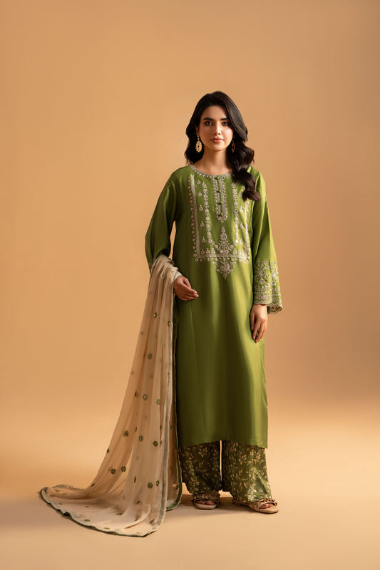 Rang-e-Mehndi Raw Silk 3-Piece Embroidered Suit | ZM-54