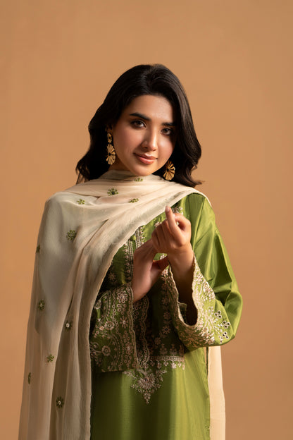 Rang-e-Mehndi Raw Silk 3-Piece Embroidered Suit | ZM-54