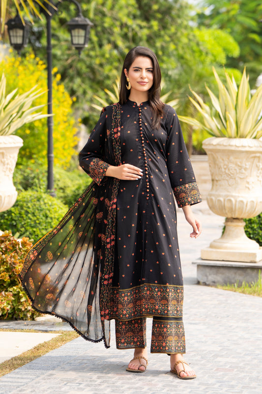 Black 3-Piece printed Lawn Frock | ZM-32