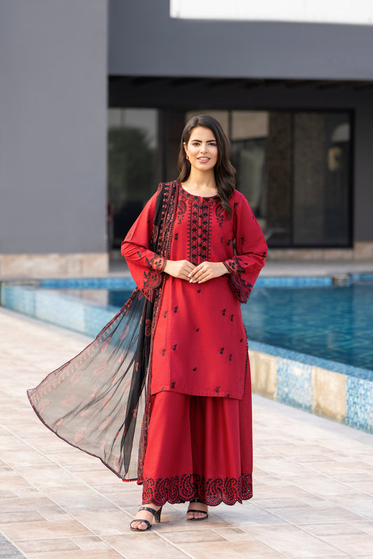 Maroon 3-Piece Embroidered Lawn Suit| ZM-29