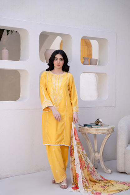 Sunshine Yellow Luxury Lawn Embroidered 3-Piece Suit | ZM-67