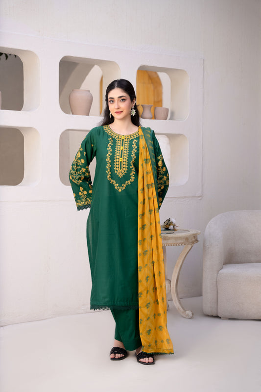 Bottle Green Luxury Lawn Embroidered 3-Piece Suit | ZM-74