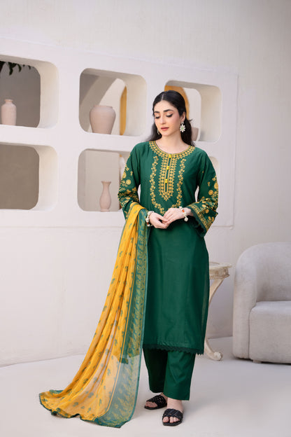 Bottle Green Luxury Lawn Embroidered 3-Piece Suit | ZM-74