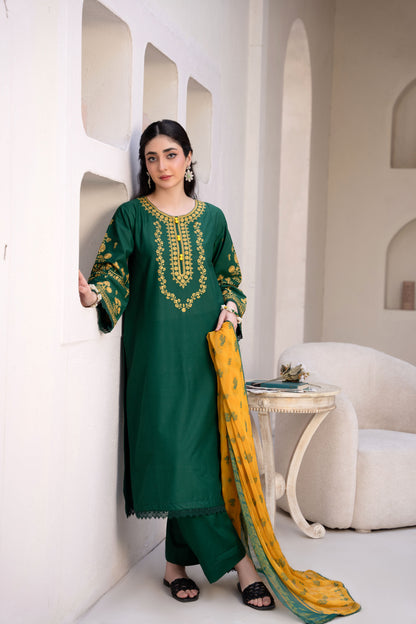 Bottle Green Luxury Lawn Embroidered 3-Piece Suit | ZM-74