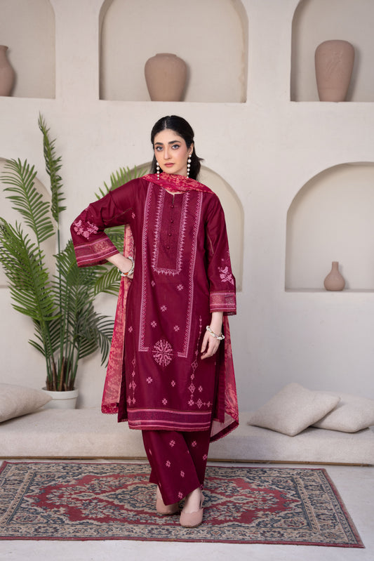 Radiant Burgundy Luxury Lawn Embroidered 3-Piece Suit | ZM-69