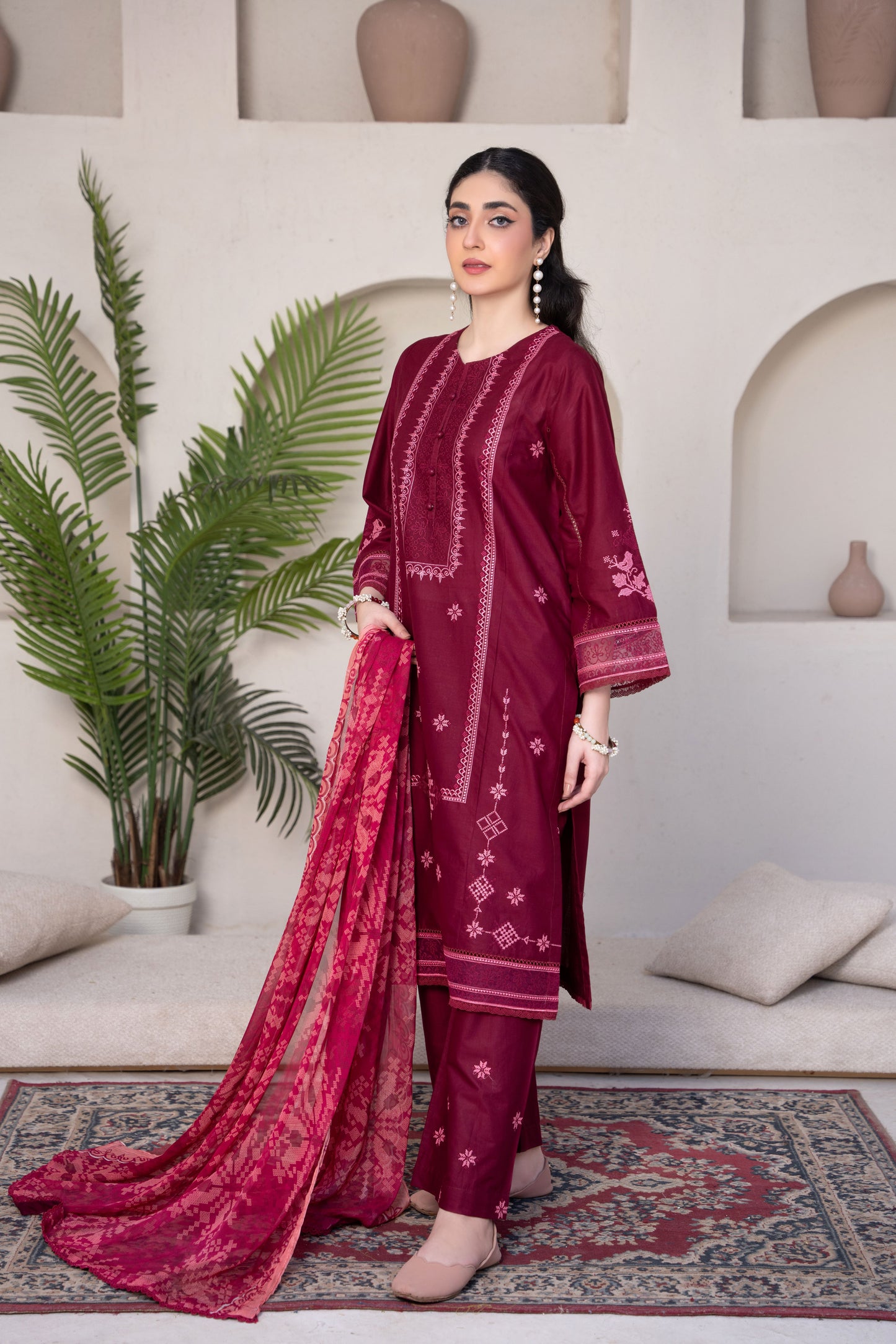 Radiant Burgundy Luxury Lawn Embroidered 3-Piece Suit | ZM-69