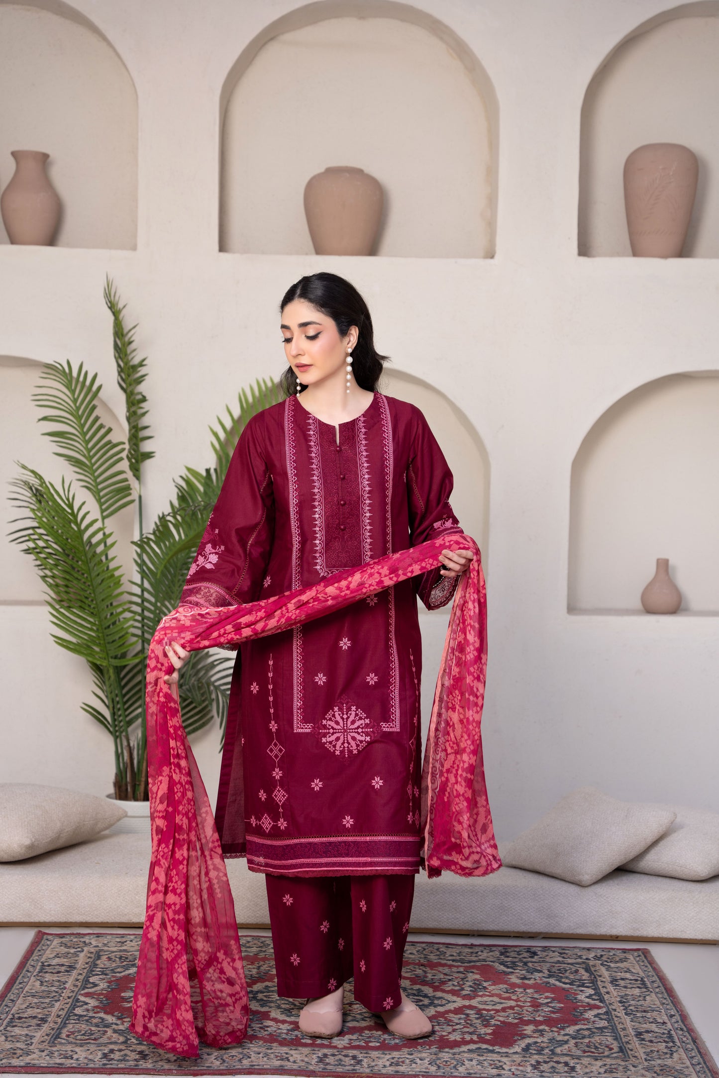 Radiant Burgundy Luxury Lawn Embroidered 3-Piece Suit | ZM-69