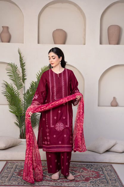 Radiant Burgundy Luxury Lawn Embroidered 3-Piece Suit | ZM-69