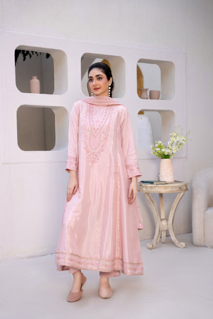Rosy Mist Pink Raw Silk Embroidered 3-Piece Frock | ZM-61