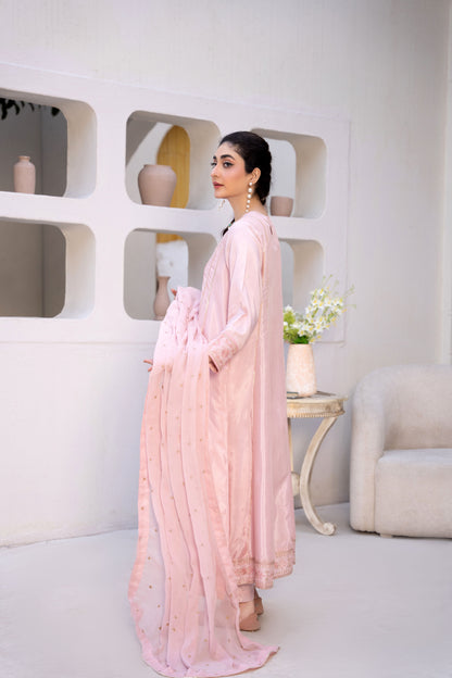 Rosy Mist Pink Raw Silk Embroidered 3-Piece Frock | ZM-61