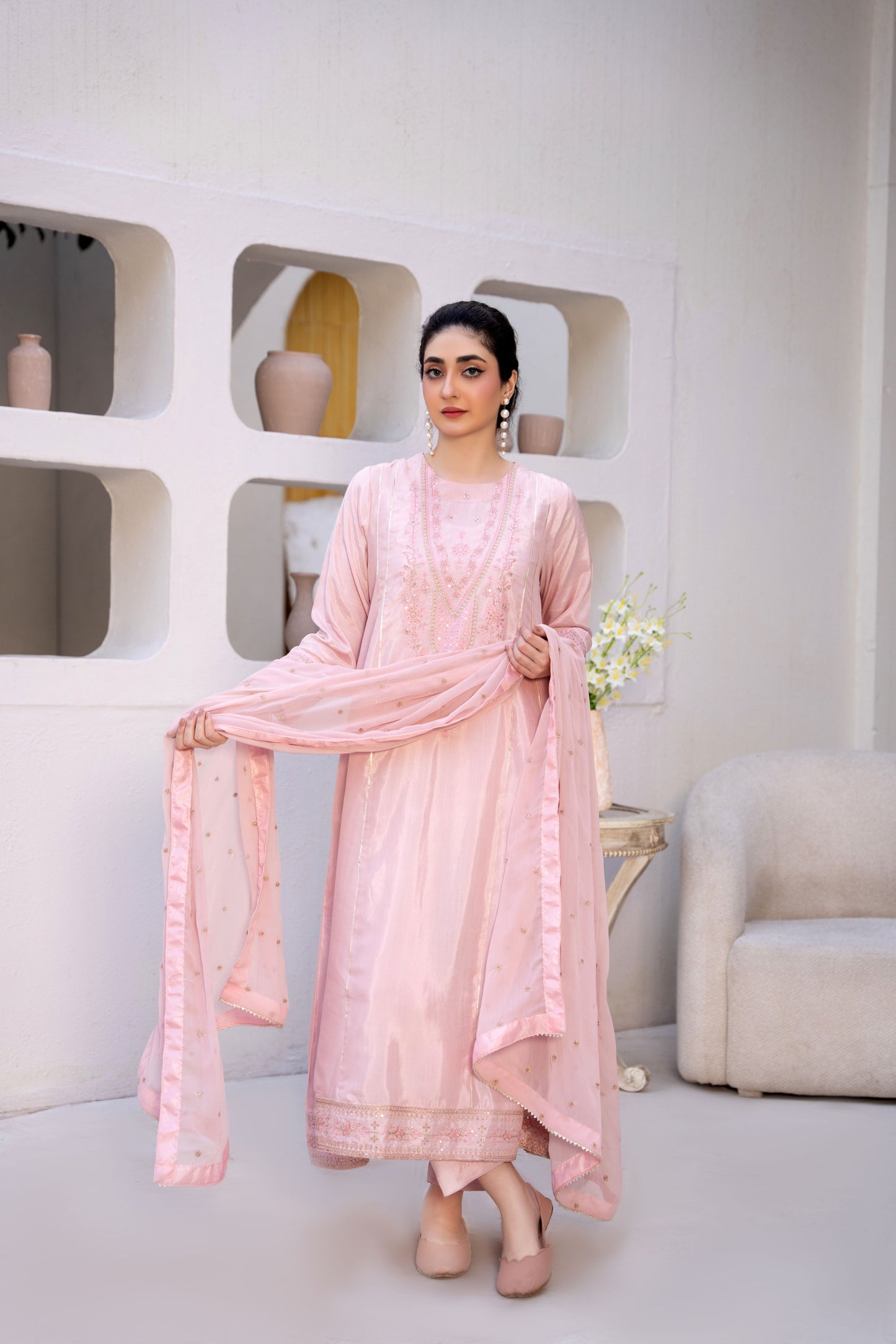 Rosy Mist Pink Raw Silk Embroidered 3-Piece Frock | ZM-61