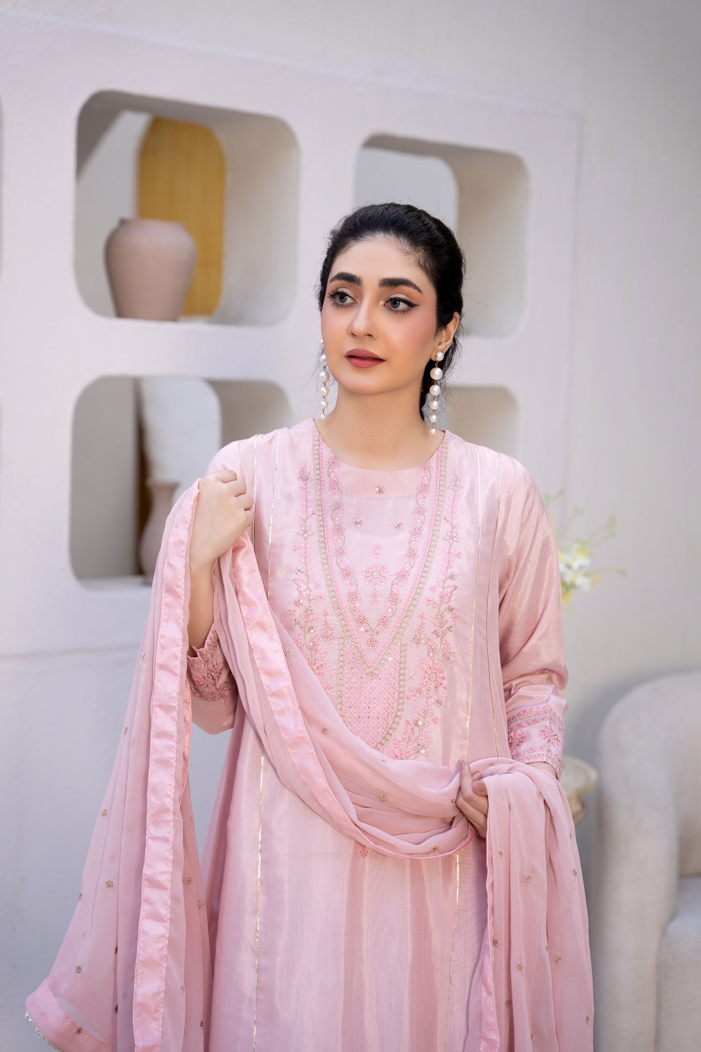 Rosy Mist Pink Raw Silk Embroidered 3-Piece Frock | ZM-61