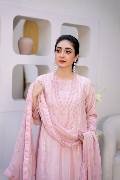 Rosy Mist Pink Raw Silk Embroidered 3-Piece Frock | ZM-61