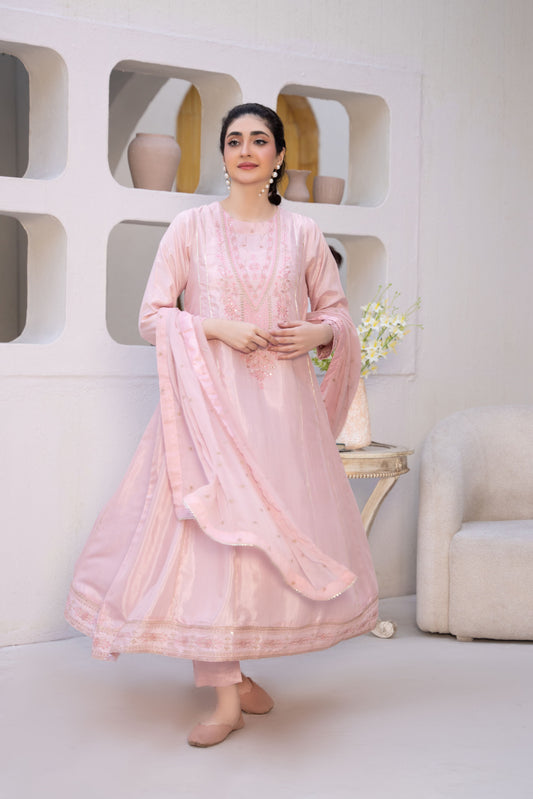 Rosy Mist Pink Raw Silk Embroidered 3-Piece Frock | ZM-61