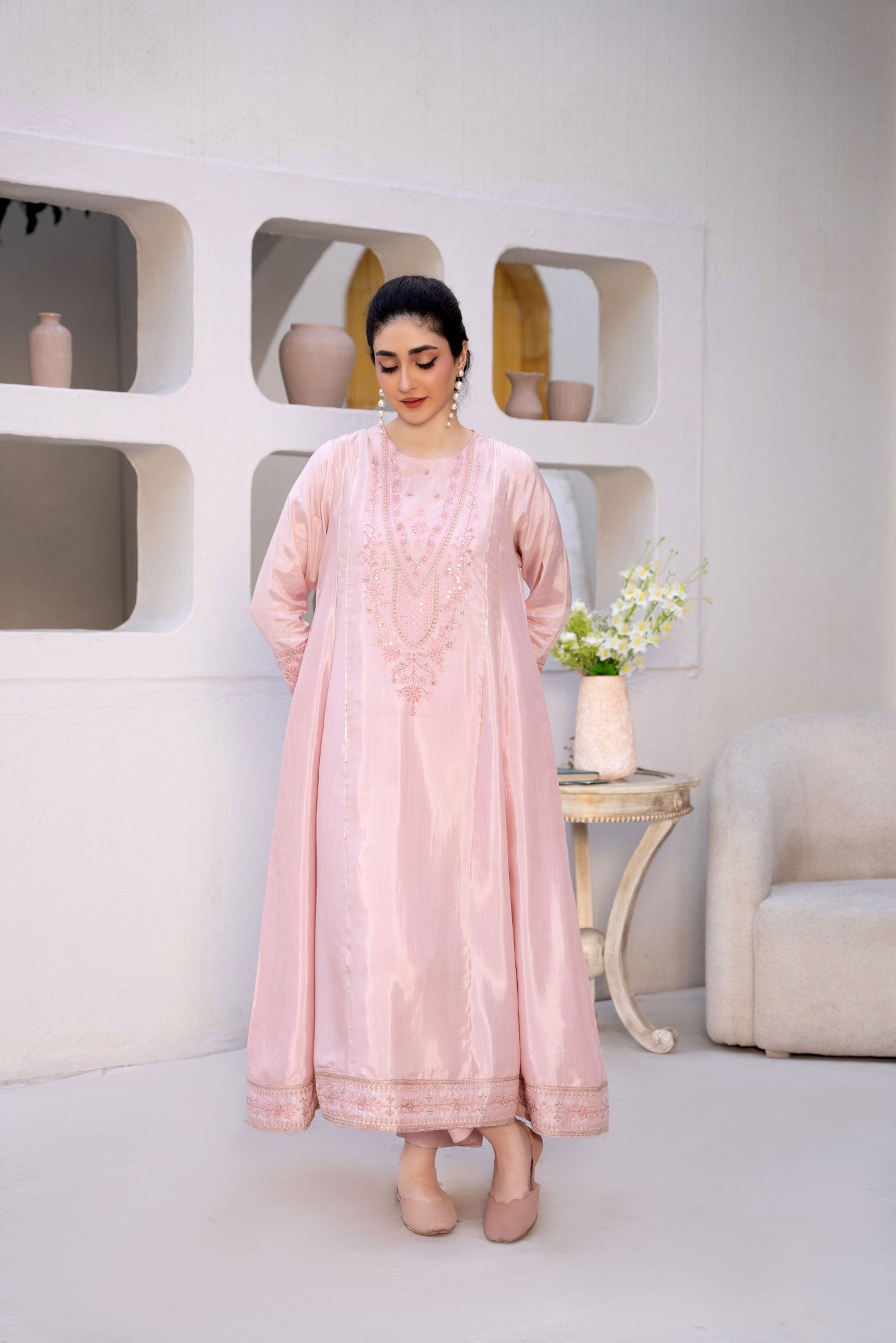Rosy Mist Pink Raw Silk Embroidered 3-Piece Frock | ZM-61